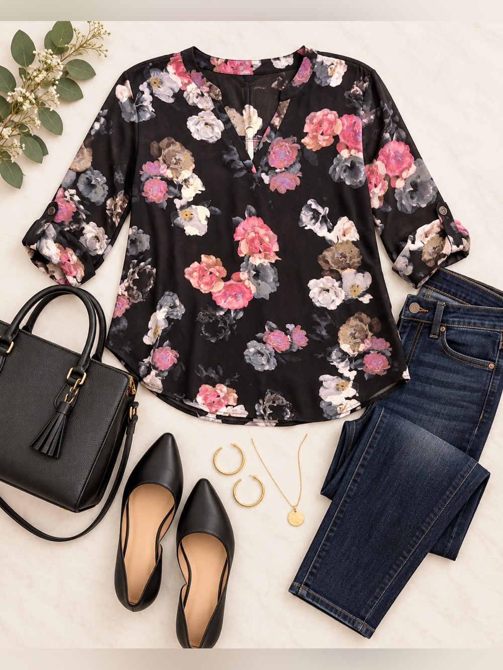Maurices Black Floral V-Neck Roll-Tab Sleeve Blouse